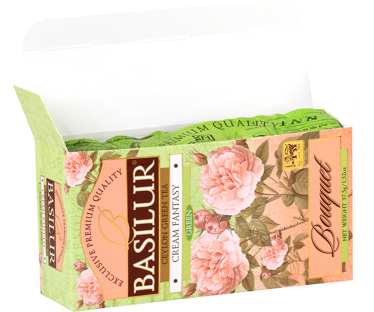 Otwarte pudełko Basilur Cream Fantasy z widocznymi torebkami herbaty w środku.