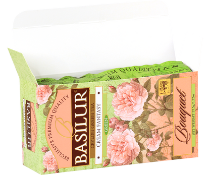 Otwarte pudełko Basilur Cream Fantasy z widocznymi torebkami herbaty w środku.