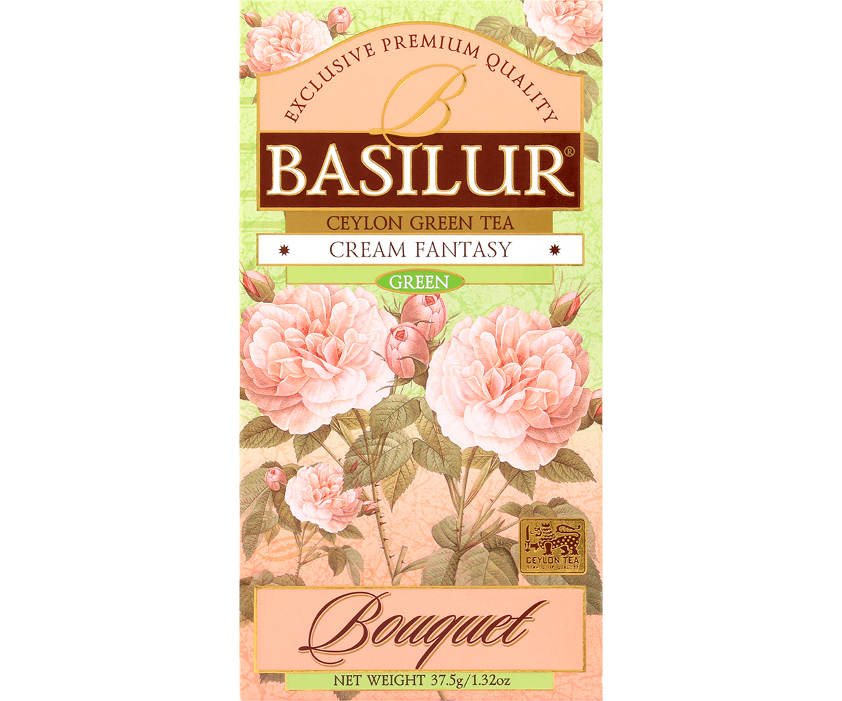 Opakowanie Basilur Cream Fantasy 25 x 1,5 g z serii Bouquet, zielona herbata cejlońska.
