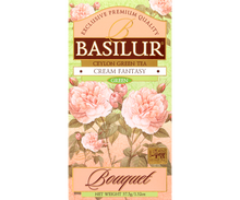 Opakowanie Basilur Cream Fantasy 25 x 1,5 g z serii Bouquet, zielona herbata cejlońska.