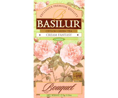 Opakowanie Basilur Cream Fantasy 25 x 1,5 g z serii Bouquet, zielona herbata cejlońska.
