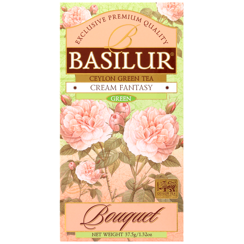 Opakowanie Basilur Cream Fantasy 25 x 1,5 g z serii Bouquet, zielona herbata cejlońska.