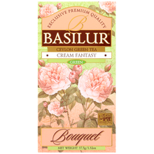 Opakowanie Basilur Cream Fantasy 25 x 1,5 g z serii Bouquet, zielona herbata cejlońska.