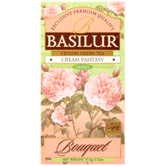 Opakowanie Basilur Cream Fantasy 25 x 1,5 g z serii Bouquet, zielona herbata cejlońska.