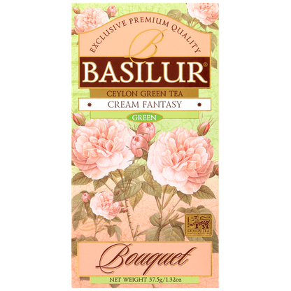 Opakowanie Basilur Cream Fantasy 25 x 1,5 g z serii Bouquet, zielona herbata cejlońska.