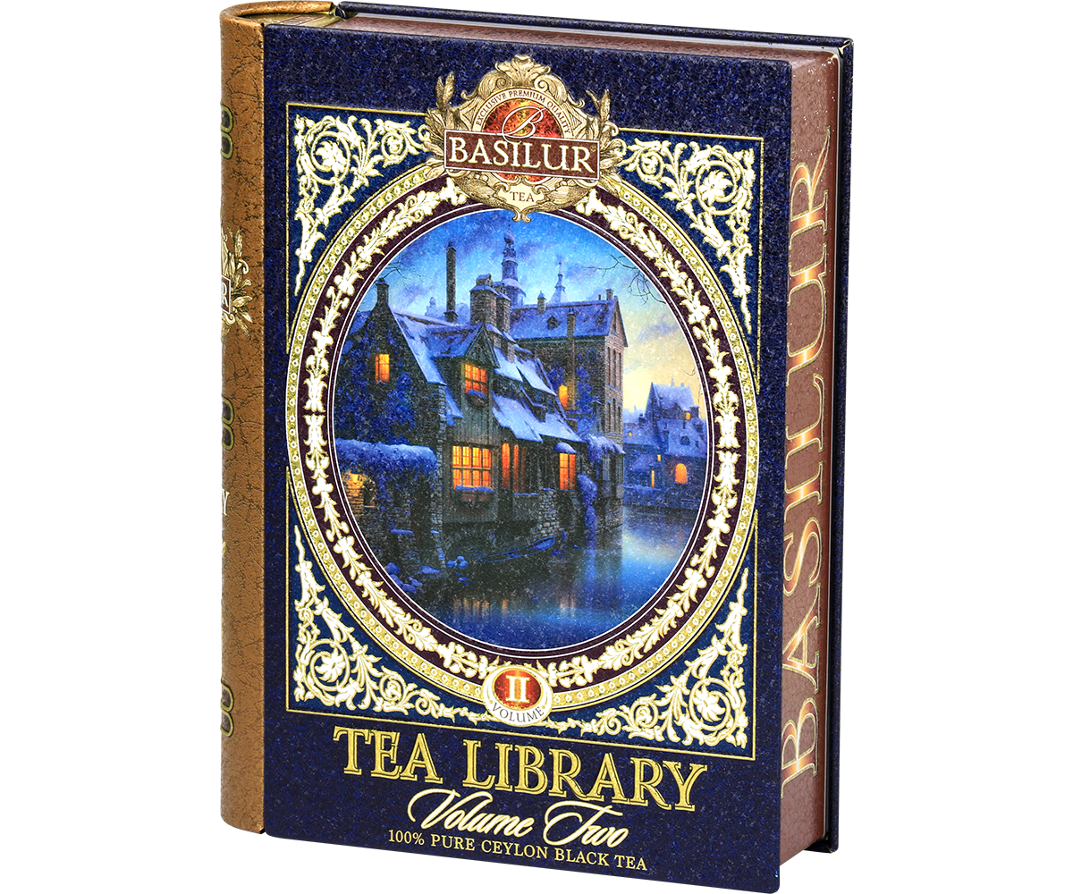 Herbata Basilur Tea Library vol. II – puszka w kształcie książki z zimowym motywem.