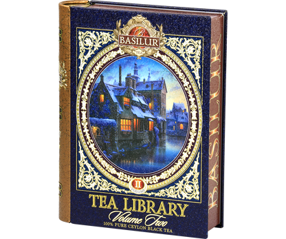 Herbata Basilur Tea Library vol. II – puszka w kształcie książki z zimowym motywem.