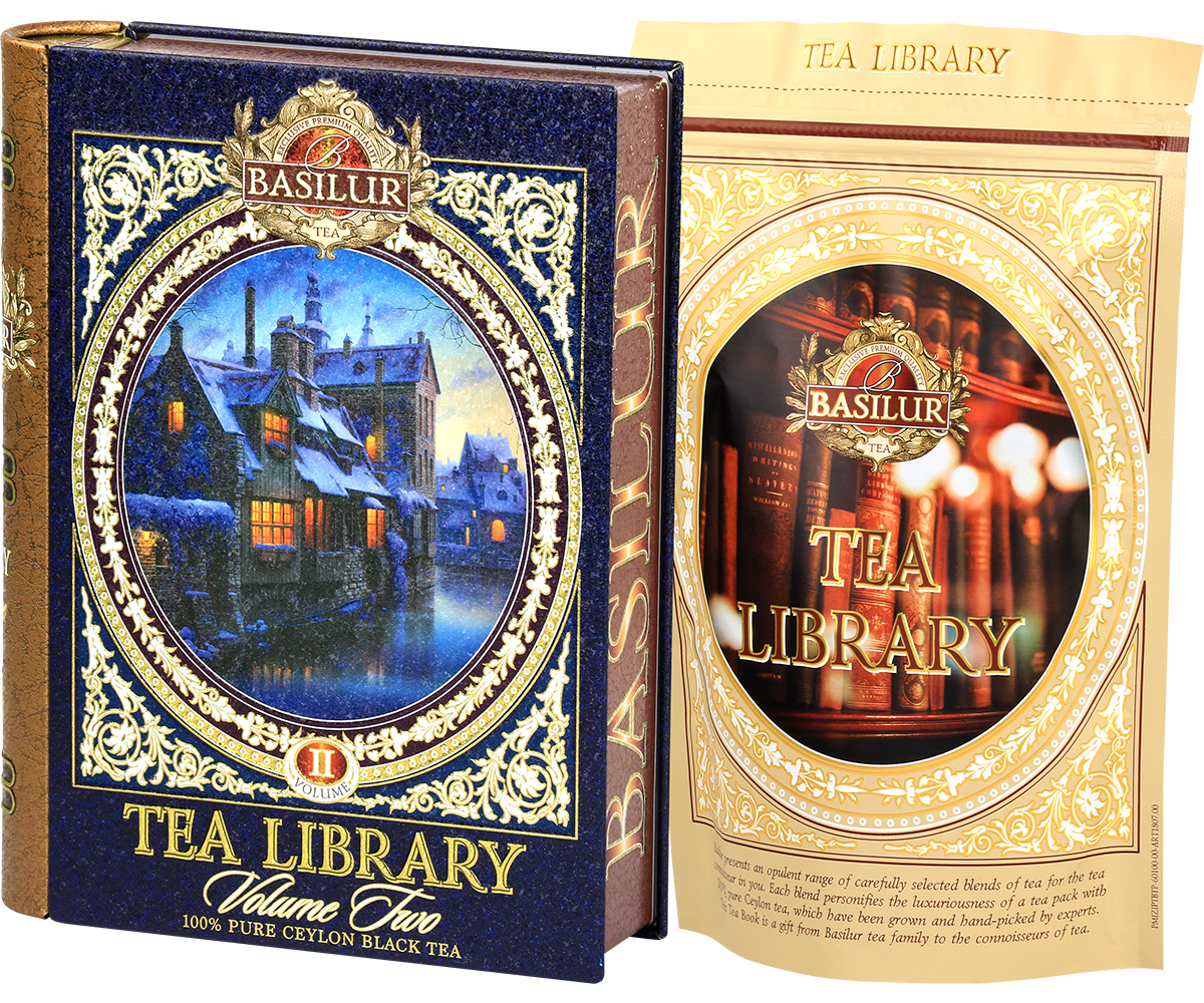 Zestaw Basilur Tea Library vol. II – metalowa puszka i wewnętrzne opakowanie herbaty.
