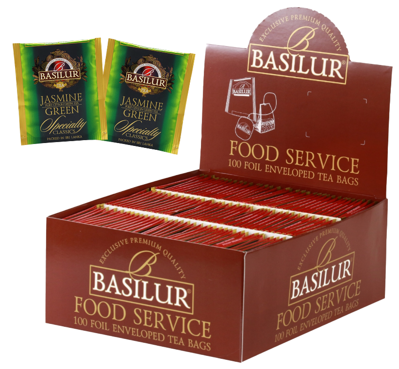 Opakowanie Basilur Food Service z herbatą Jasmine Green – 100 kopert z aromatyczną zieloną herbatą.