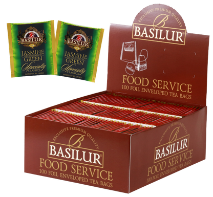 Opakowanie Basilur Food Service z herbatą Jasmine Green – 100 kopert z aromatyczną zieloną herbatą.