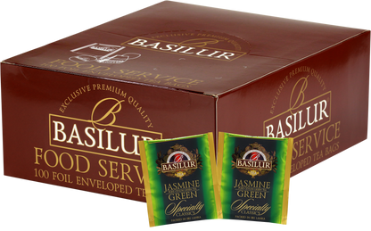 Herbata Basilur Jasmine Green w foliowanych kopertach – klasyczna zielona herbata cejlońska o zapachu jaśminu.
