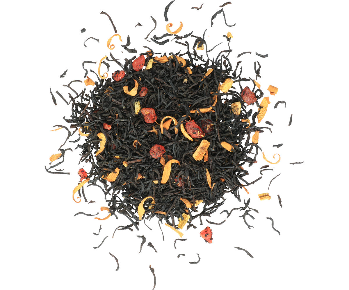 Liście herbaty Basilur Vintage Style z owocami i płatkami kwiatów.