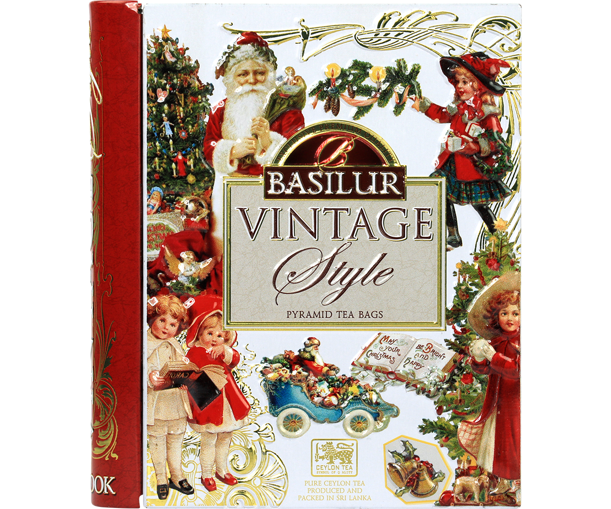Herbata Basilur Vintage Style w puszce książce, edycja świąteczna w stylu retro.
