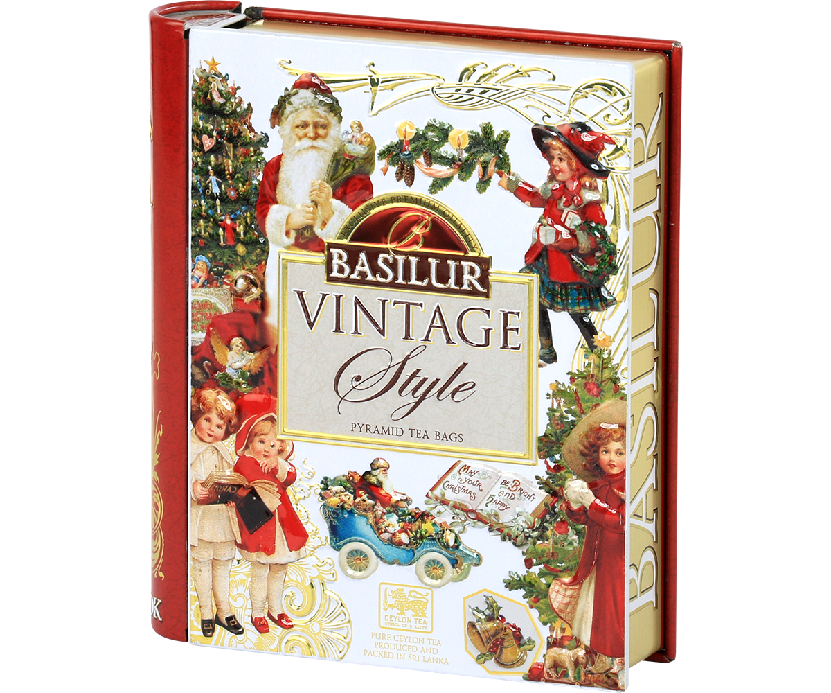 Herbata Basilur Vintage Style, elegancka puszka książka z motywem świątecznym.