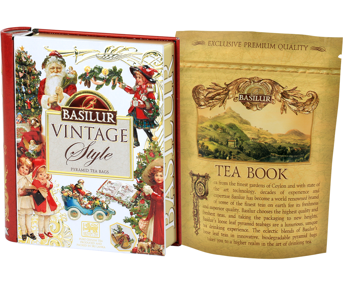 Zestaw herbat Basilur Vintage Style z opakowaniem otwartym i torebkami piramidkami.