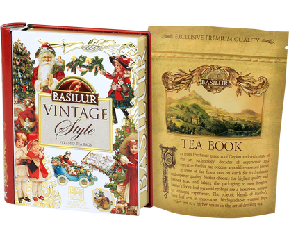 Zestaw herbat Basilur Vintage Style z opakowaniem otwartym i torebkami piramidkami.