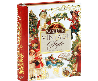 Opakowanie Basilur Vintage Style z ilustracjami świątecznymi i Mikołajem.