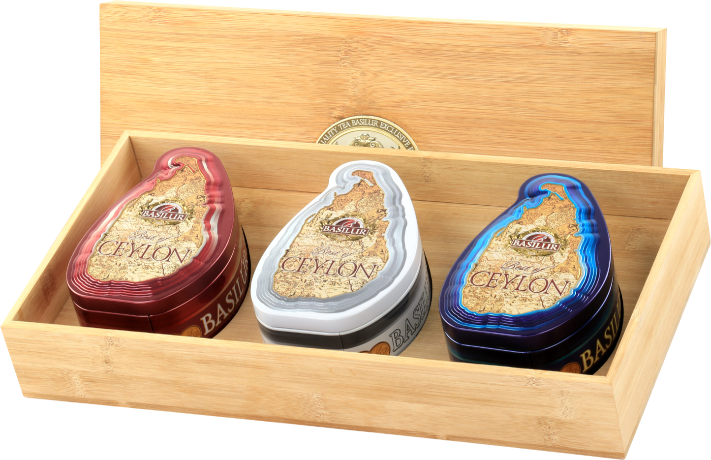 Zestaw Basilur Three Mini Maps – trzy puszki w kształcie mapy Sri Lanki w drewnianym pudełku.