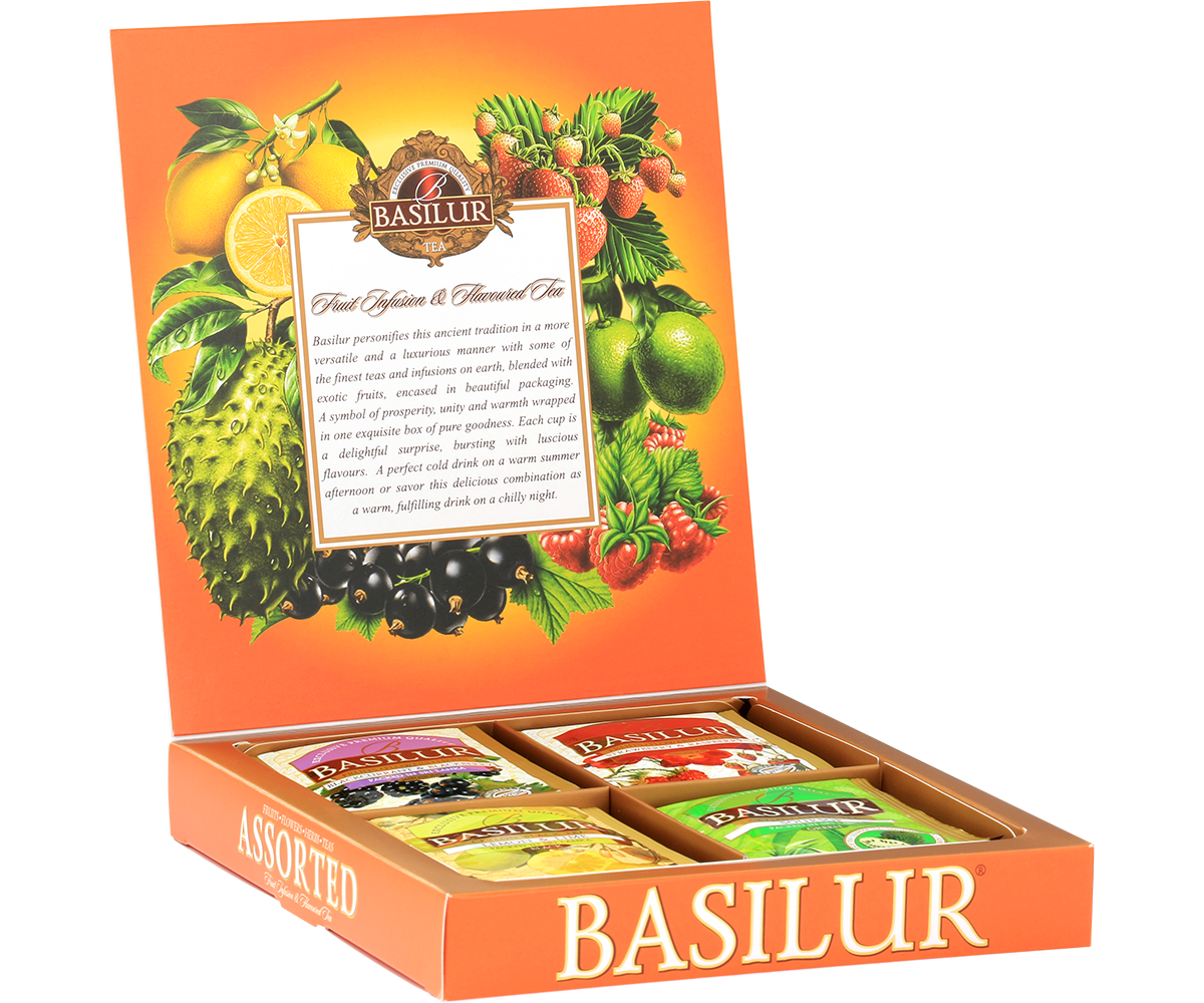 Zestaw herbat Basilur Fruit Infusions & Magic Fruits w eleganckim pudełku z owocowym motywem.