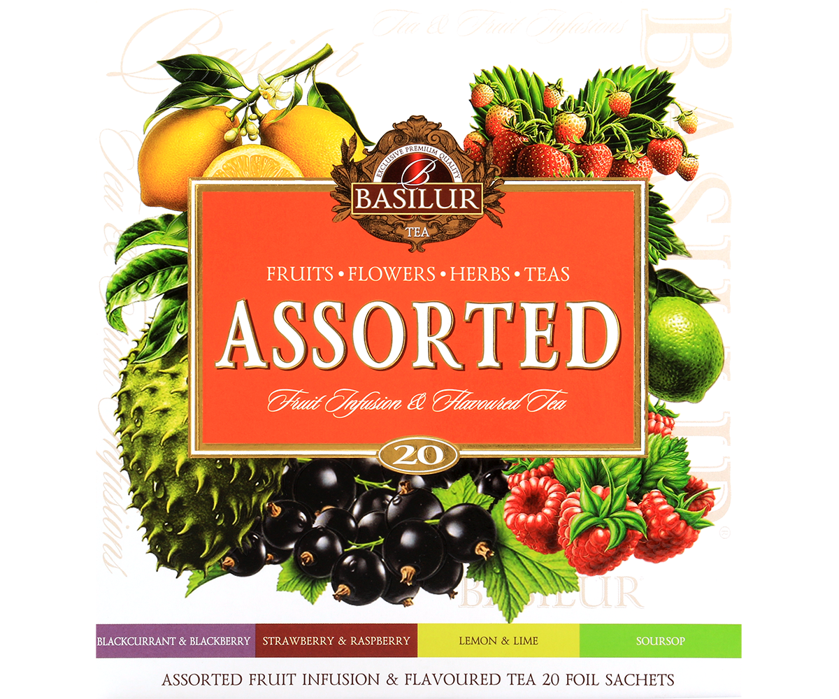 Opakowanie Basilur Fruit Infusions & Magic Fruits z czterema smakami herbat owocowych.