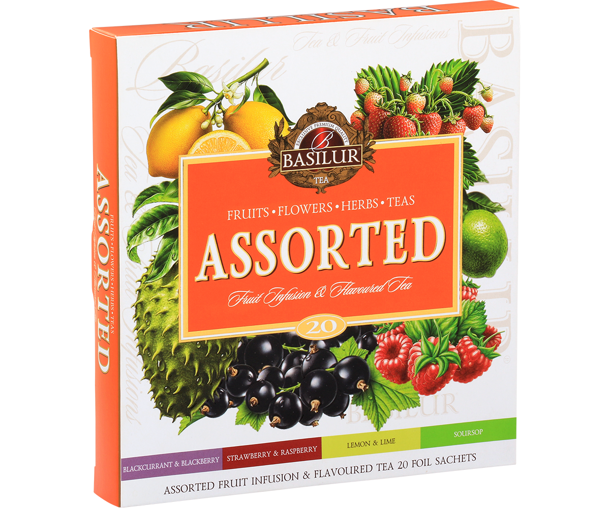 Herbata Basilur Fruit Infusions & Magic Fruits – widok na front opakowania z owocową grafiką.