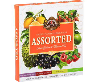 Herbata Basilur Fruit Infusions & Magic Fruits – widok na front opakowania z owocową grafiką.