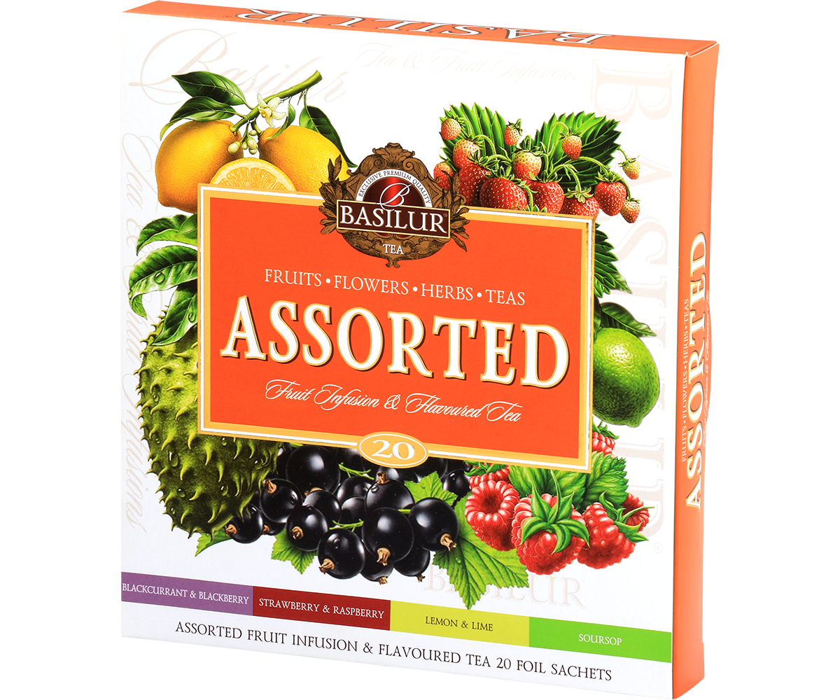 Pudełko Basilur Fruit Infusions & Magic Fruits z 20 saszetkami aromatycznych herbat.