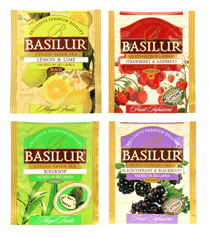 Saszetki Basilur Fruit Infusions & Magic Fruits – cztery różne smaki: czarna porzeczka, truskawka, cytryna i guanabana.