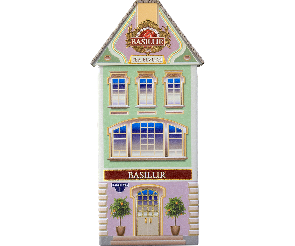 Front puszki Basilur Tea Boulevard 1 z eleganckim logo i oknami kamienicy.