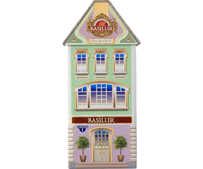 Front puszki Basilur Tea Boulevard 1 z eleganckim logo i oknami kamienicy.