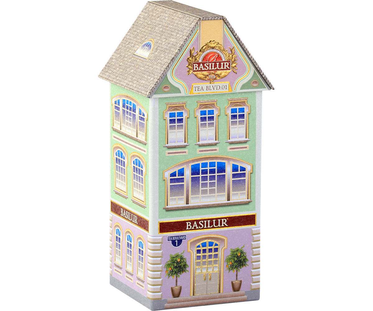 Puszka Basilur Tea Boulevard 1 widok z boku – stylowy design i złote detale.