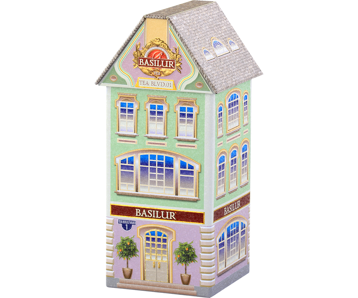 Kolekcjonerska puszka Basilur Tea Boulevard 1 inspirowana klasyczną architekturą.