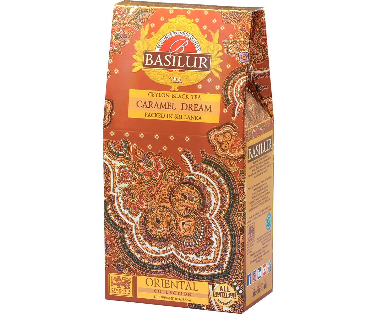 Opakowanie herbaty Basilur Caramel Dream 100 g z orientalnym wzorem – czarna herbata cejlońska o aromacie karmelu.