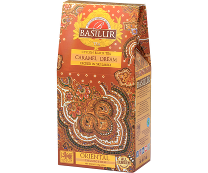 Opakowanie herbaty Basilur Caramel Dream 100 g z orientalnym wzorem – czarna herbata cejlońska o aromacie karmelu.