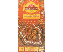 Herbata Basilur Caramel Dream w ozdobnym brązowo-złotym pudełku – elegancka herbata z kolekcji Oriental Collection.