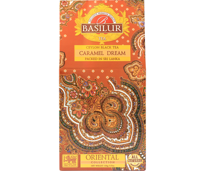Herbata Basilur Caramel Dream w ozdobnym brązowo-złotym pudełku – elegancka herbata z kolekcji Oriental Collection.