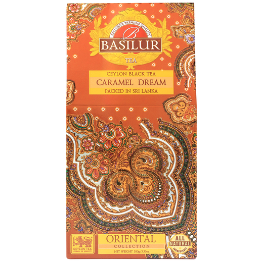 Herbata Basilur Caramel Dream w ozdobnym brązowo-złotym pudełku – elegancka herbata z kolekcji Oriental Collection.
