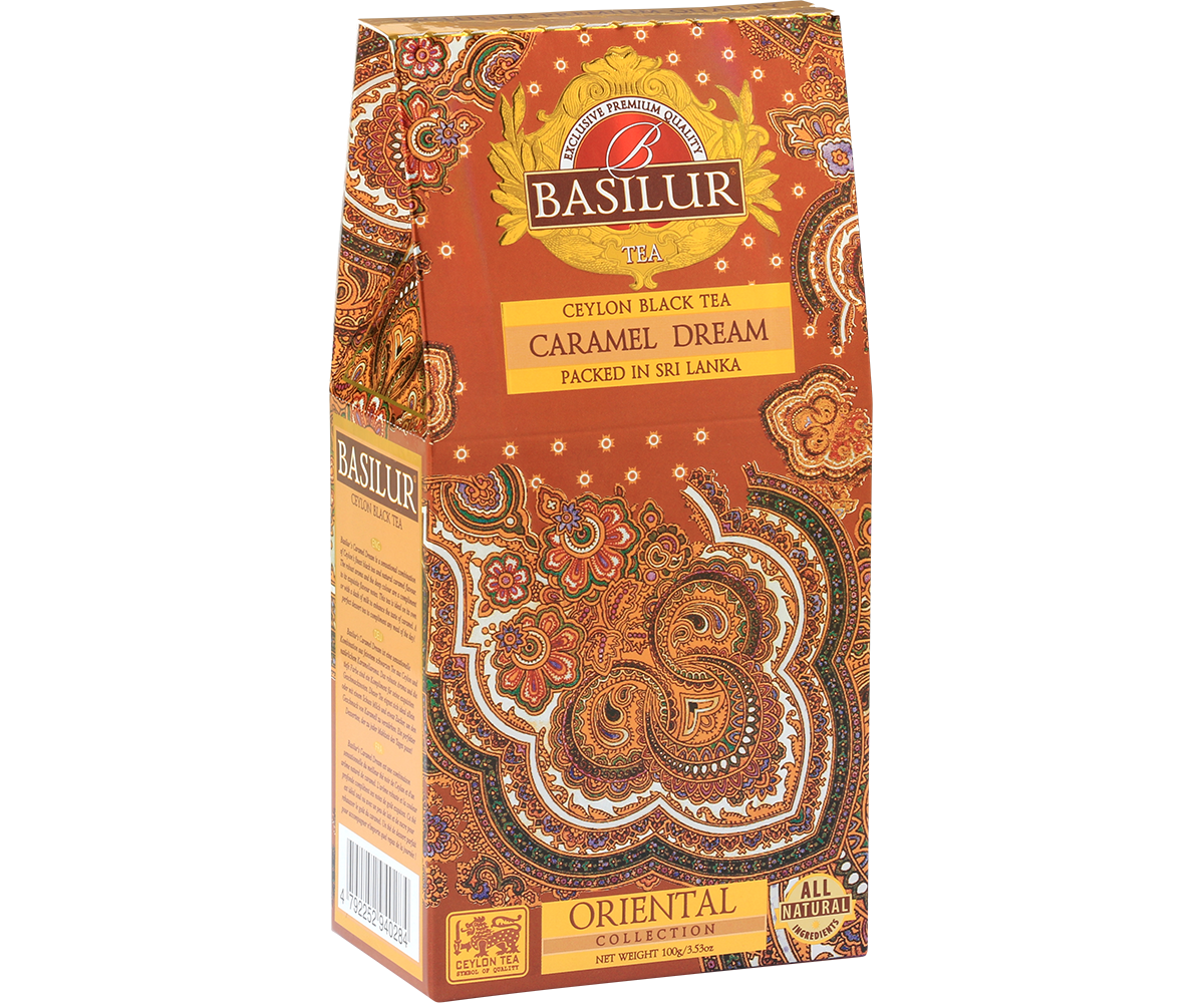 Przód opakowania Basilur Caramel Dream – naturalna czarna herbata Ceylon o słodkim aromacie.