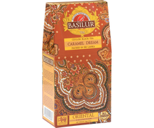 Przód opakowania Basilur Caramel Dream – naturalna czarna herbata Ceylon o słodkim aromacie.