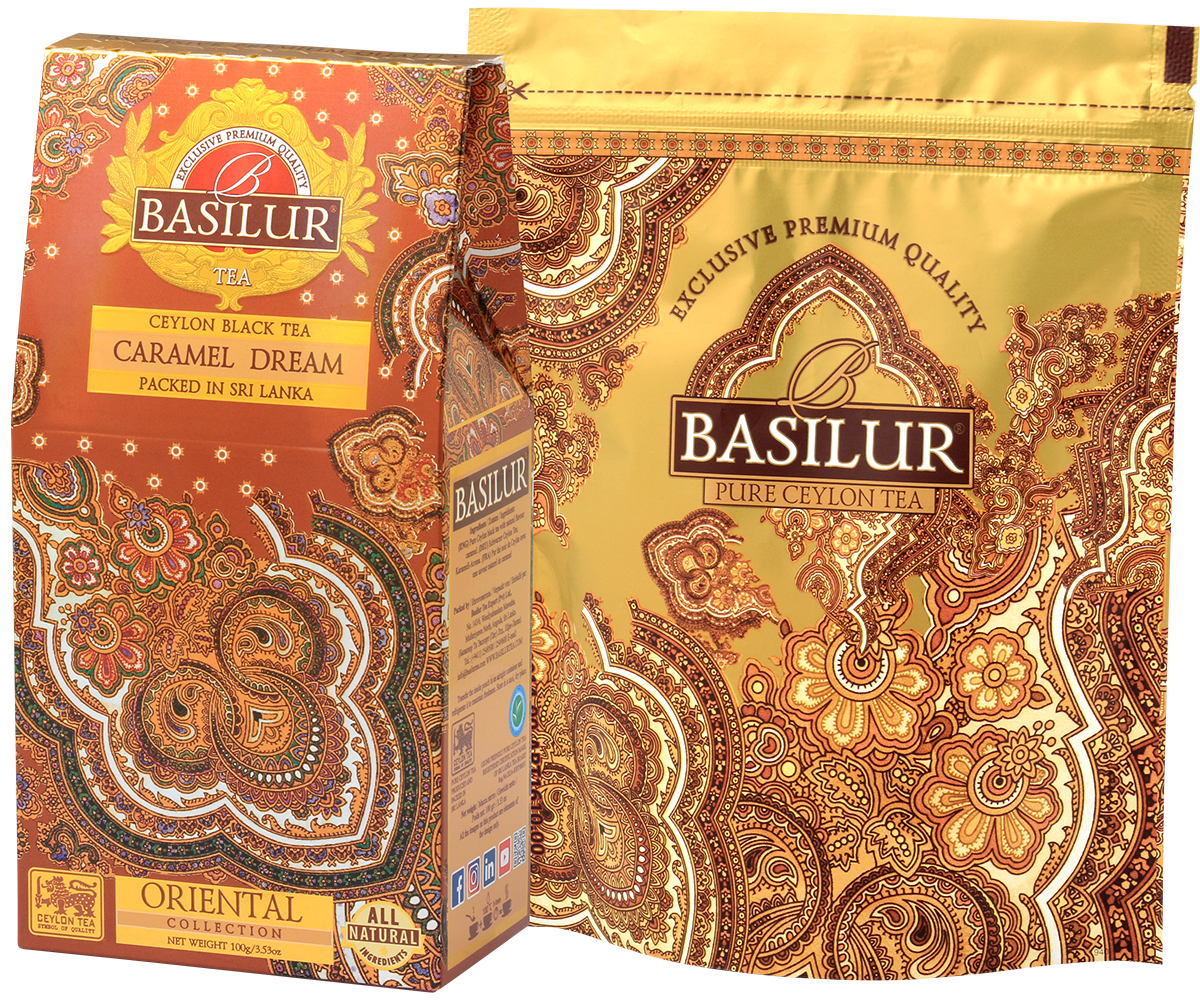 Zestaw Basilur Caramel Dream z opakowaniem i złotą torebką – luksusowa herbata cejlońska idealna na prezent.