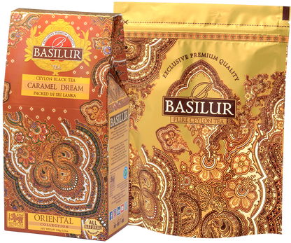 Zestaw Basilur Caramel Dream z opakowaniem i złotą torebką – luksusowa herbata cejlońska idealna na prezent.