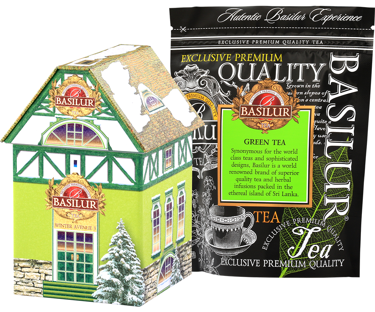 Herbata Basilur Winter Avenue III w ozdobnej puszce w kształcie domku, idealna na zimę.