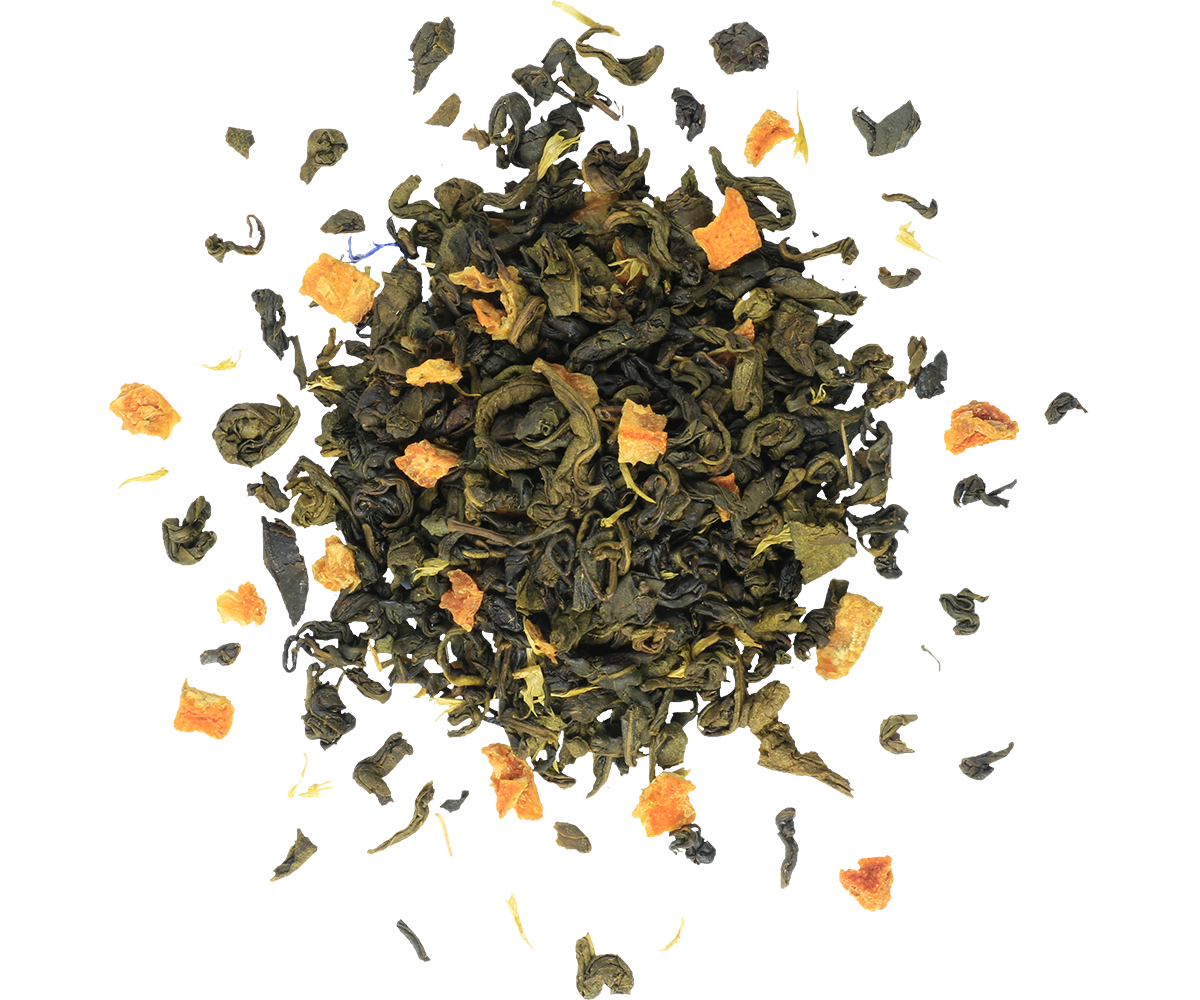 Liście zielonej herbaty Basilur Winter Avenue III z dodatkami owoców i płatków kwiatów.