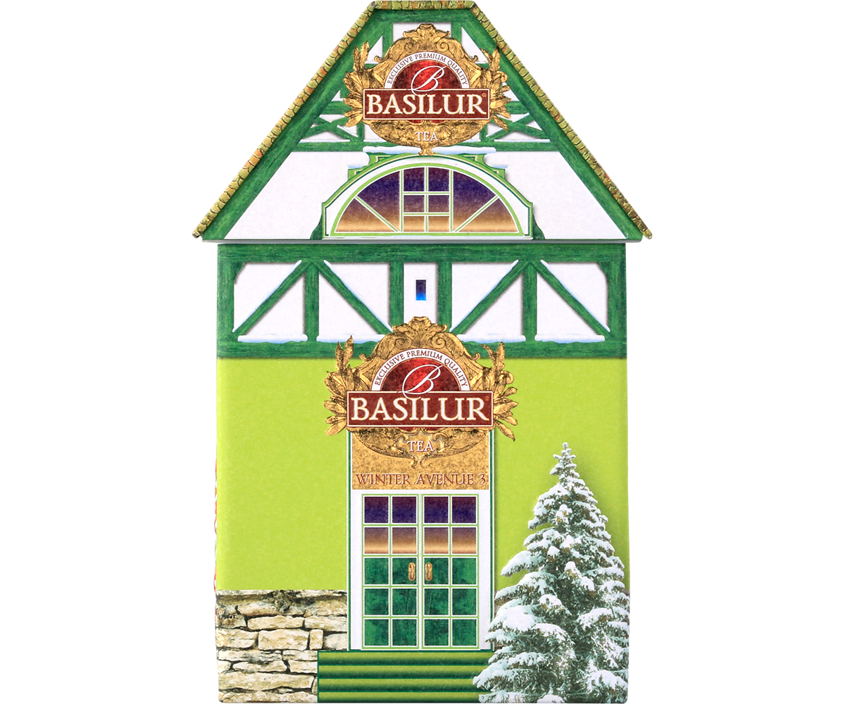 Puszka Basilur Winter Avenue III – front opakowania z zimowym motywem.