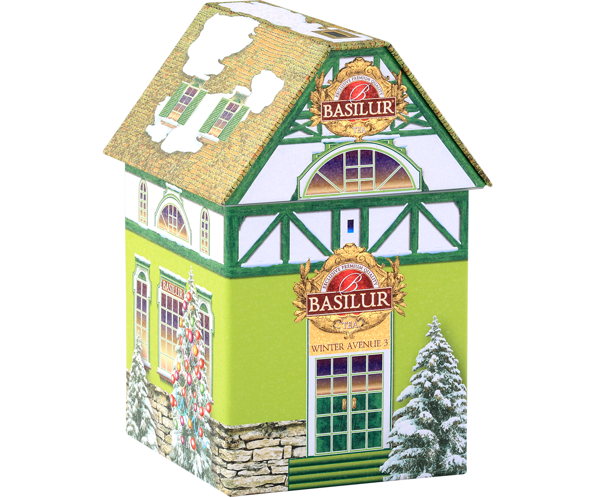 Puszka Basilur Winter Avenue III widok z boku, z dekoracyjnym dachem i choinkami.