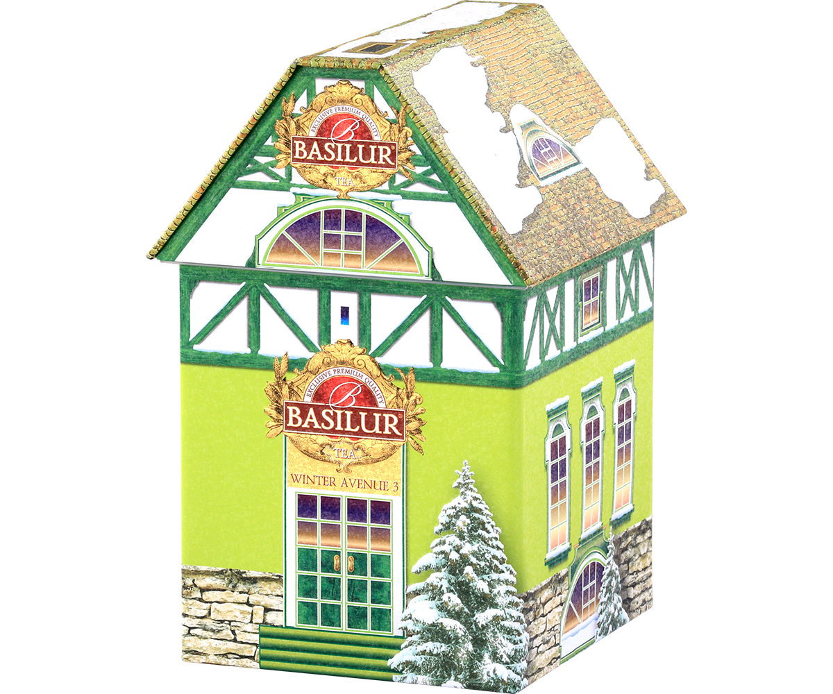 Ozdobne opakowanie herbaty Basilur Winter Avenue III w formie świątecznego domu z zaśnieżonym dachem.