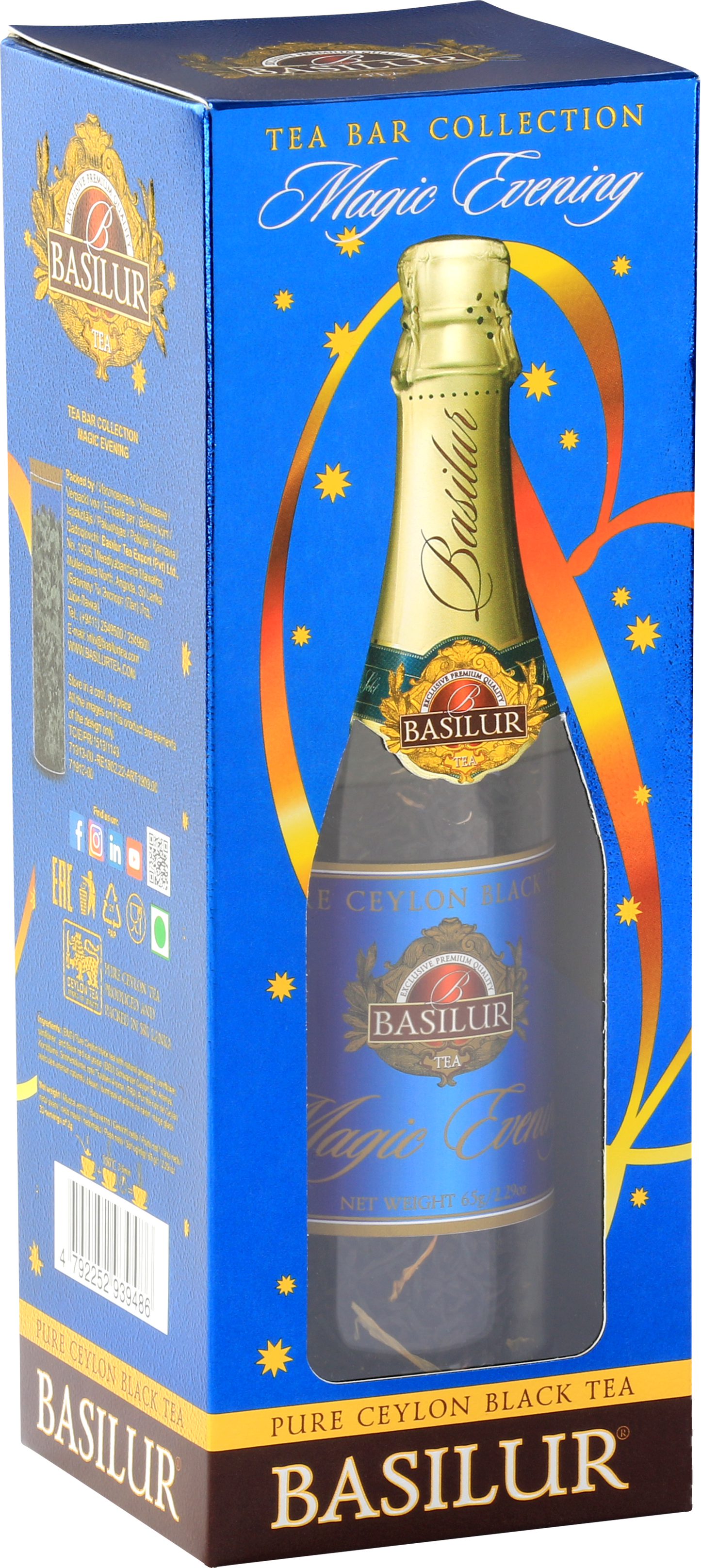 Opakowanie Basilur Magic Evening z serii Tea Bar Collection w kolorze granatowym ze złotymi akcentami.