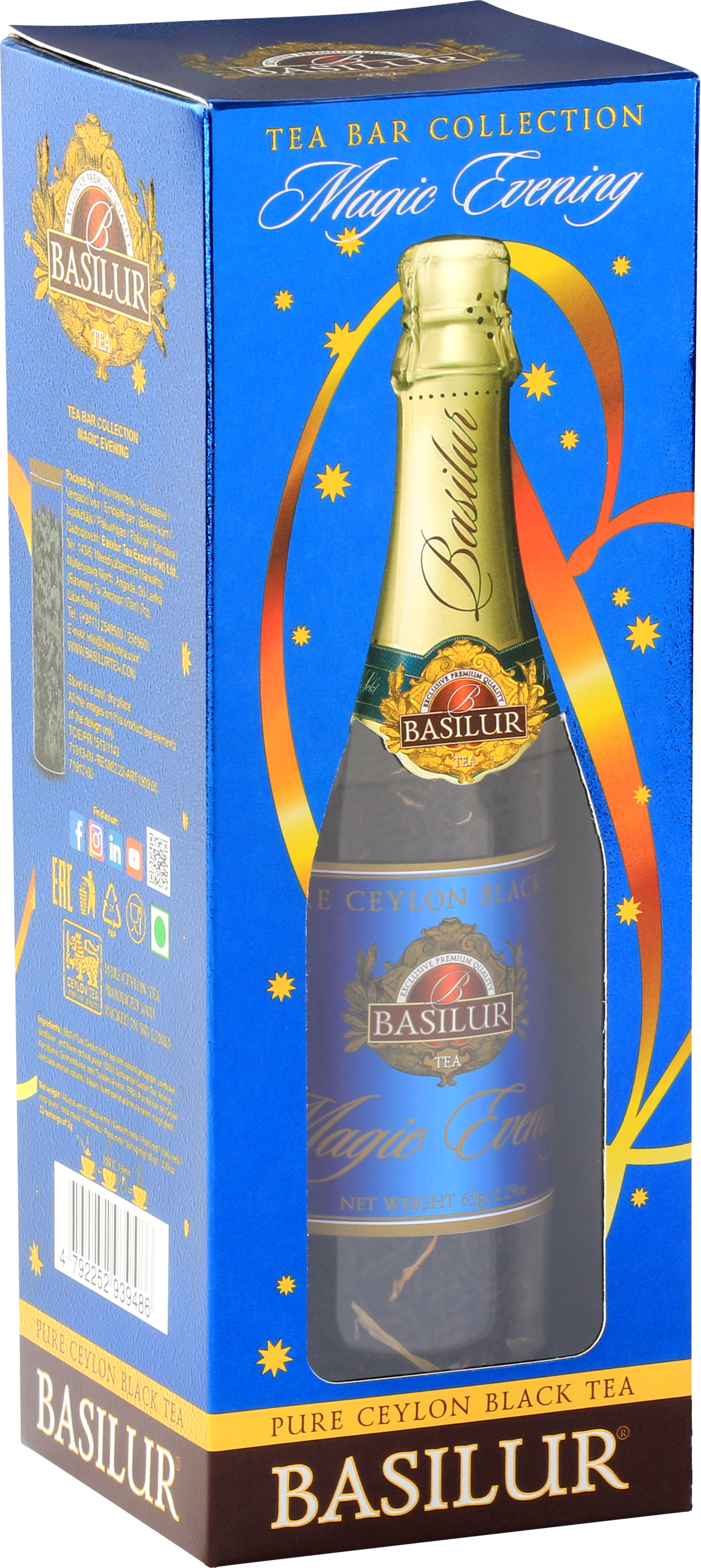 Opakowanie Basilur Magic Evening z serii Tea Bar Collection w kolorze granatowym ze złotymi akcentami.
