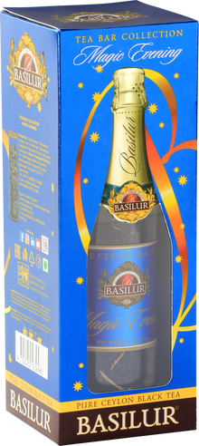 Opakowanie Basilur Magic Evening z serii Tea Bar Collection w kolorze granatowym ze złotymi akcentami.