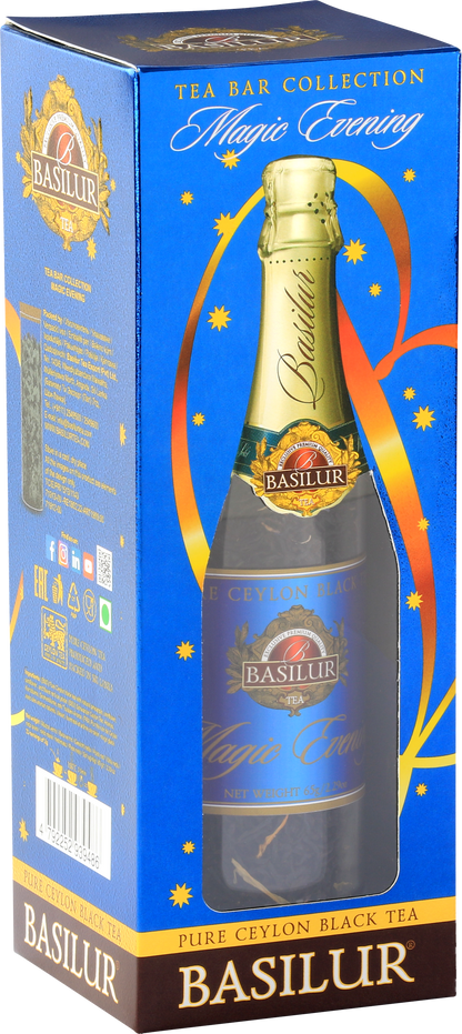 Opakowanie Basilur Magic Evening z serii Tea Bar Collection w kolorze granatowym ze złotymi akcentami.